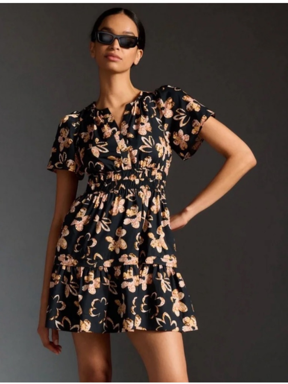 Anthropologie Black, Orange, and Tan Floral Somerset Short Dress XL